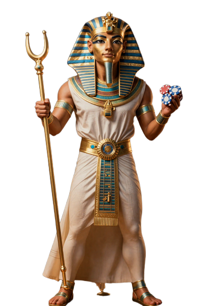 Realz Casino Pharaoh Maskottchen - &Auml;gyptischer K&ouml;nig mit goldener Krone und Gl&uuml;cksspiel-Chips