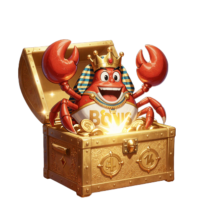 Bonus Crab springt aus goldener Schatztruhe bei Realz Casino Boni-Seite