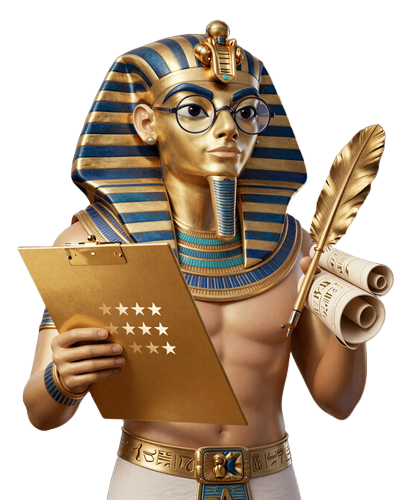 Realz Casino Pharaoh Maskottchen mit goldener Bewertungs-Checkliste und Sternbewertung