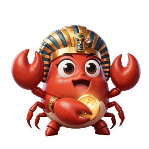 Bonus Crab Maskottchen von Realz Casino - freundliche Krabbe mit &auml;gyptischer Krone und Bonus-M&uuml;nze