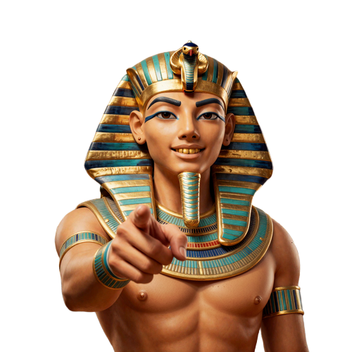 Realz Casino Pharaoh Maskottchen zeigt auf Spieler und l&auml;dt zum Spielen ein