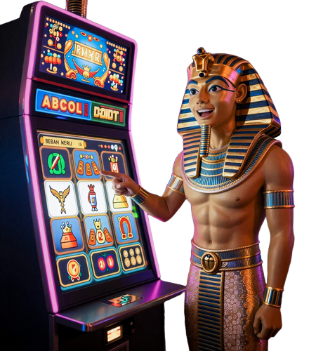 Realz Casino Pharaoh Maskottchen zeigt auf gl&uuml;hende Spielautomaten-Walzen